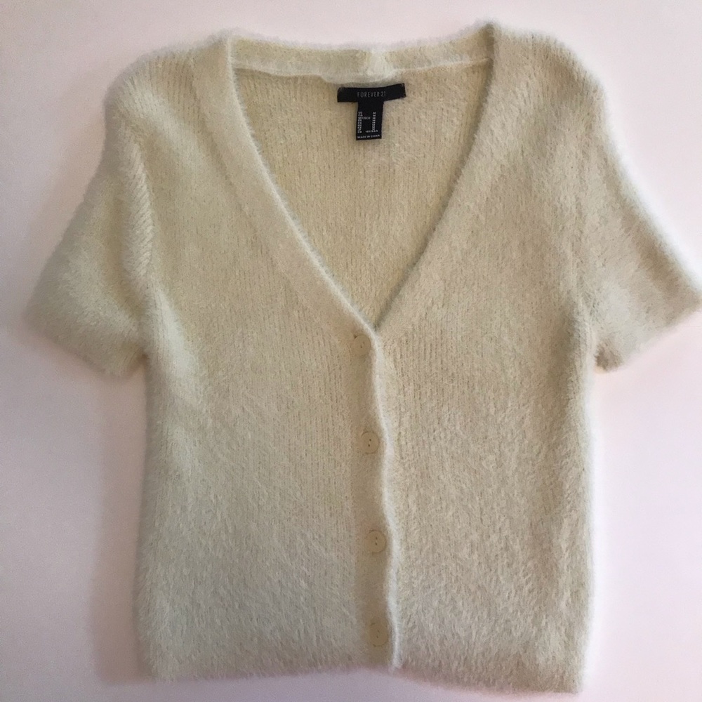 Fuzzy Button Up Short Sleeved Cardigan Sweater